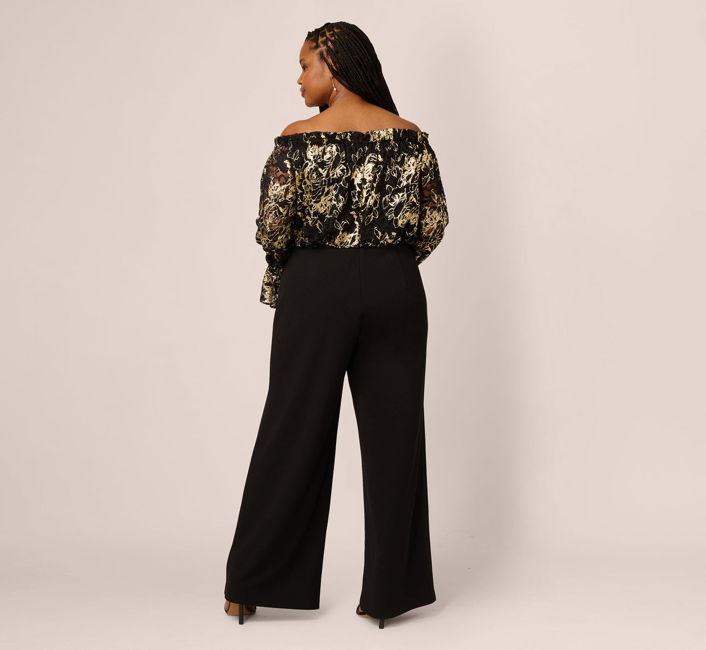 Plus Size Lace And Crepe Jumpsuit In Black Gold