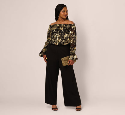Plus Size Lace And Crepe Jumpsuit In Black Gold