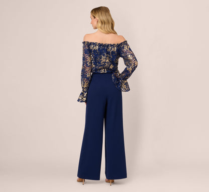 Lace And Crepe Jumpsuit In Navy Gold