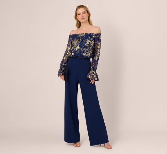 Lace And Crepe Jumpsuit In Navy Gold
