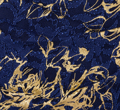 Cap Sleeve Foil Lace Sheath Dress In Navy Gold