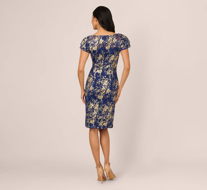 Cap Sleeve Foil Lace Sheath Dress In Navy Gold