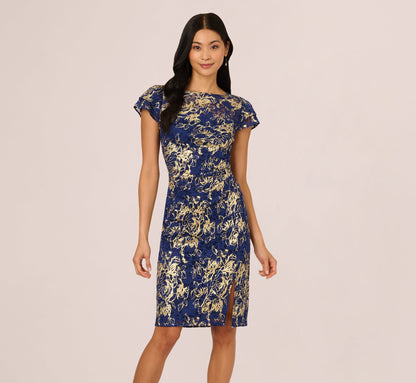 Cap Sleeve Foil Lace Sheath Dress In Navy Gold