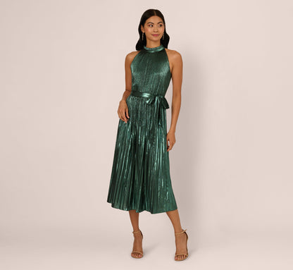 Halter Pleated Metallic Dress In Green Black