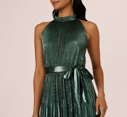 Halter Pleated Metallic Dress In Green Black