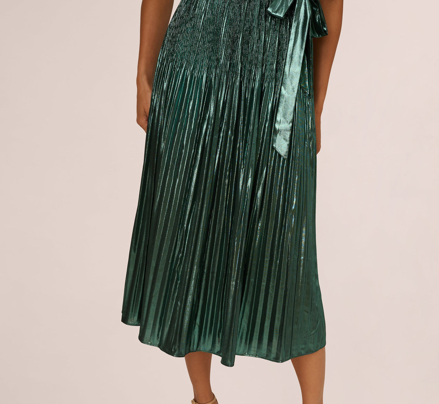 Halter Pleated Metallic Dress In Green Black