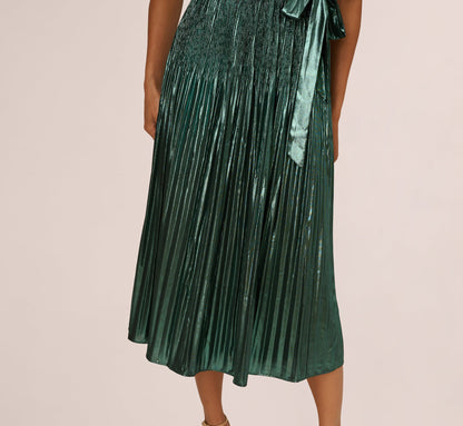 Halter Pleated Metallic Dress In Green Black