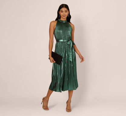 Halter Pleated Metallic Dress In Green Black
