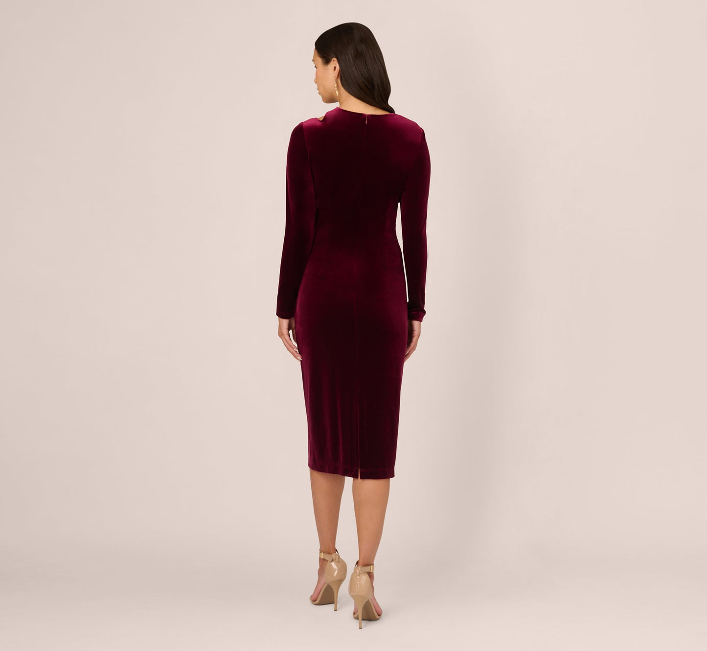 Long Sleeve Velvet Dress With Asymmetric Cutout Neckline In Burgundy