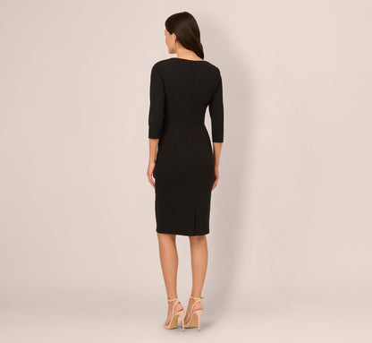 Three Quarter Sleeve Pleated Midi Dress With Tie Waist In Black
