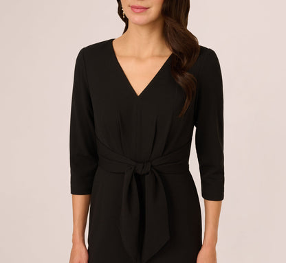 Three Quarter Sleeve Pleated Midi Dress With Tie Waist In Black