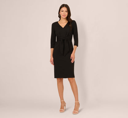 Three Quarter Sleeve Pleated Midi Dress With Tie Waist In Black