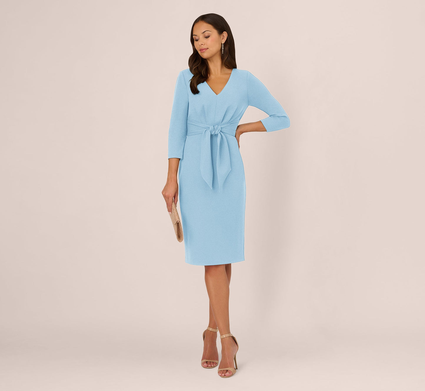 Three Quarter Sleeve Pleated Midi Dress With Tie Waist In Blue Mist
