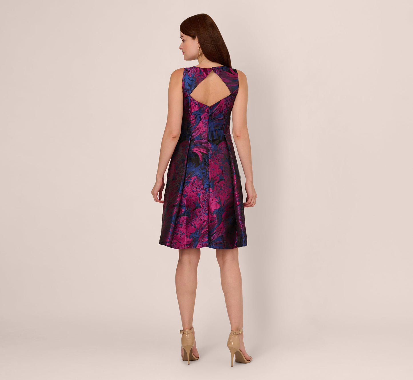 Floral Jacquard Short Dress With Envelope Back In Navy Orchid