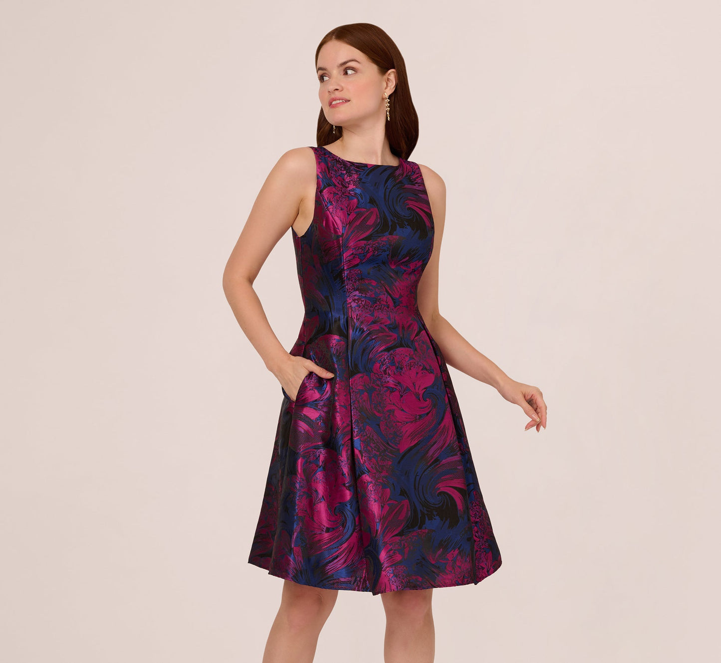 Floral Jacquard Short Dress With Envelope Back In Navy Orchid