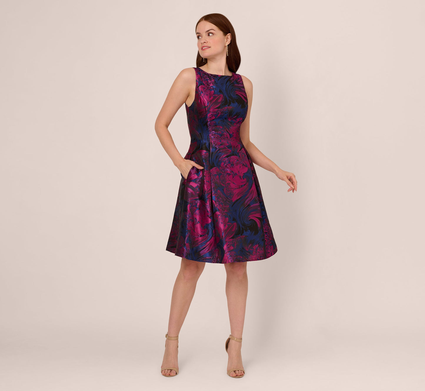 Floral Jacquard Short Dress With Envelope Back In Navy Orchid