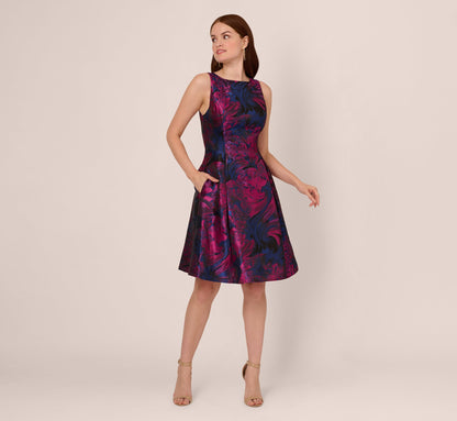 Floral Jacquard Short Dress With Envelope Back In Navy Orchid