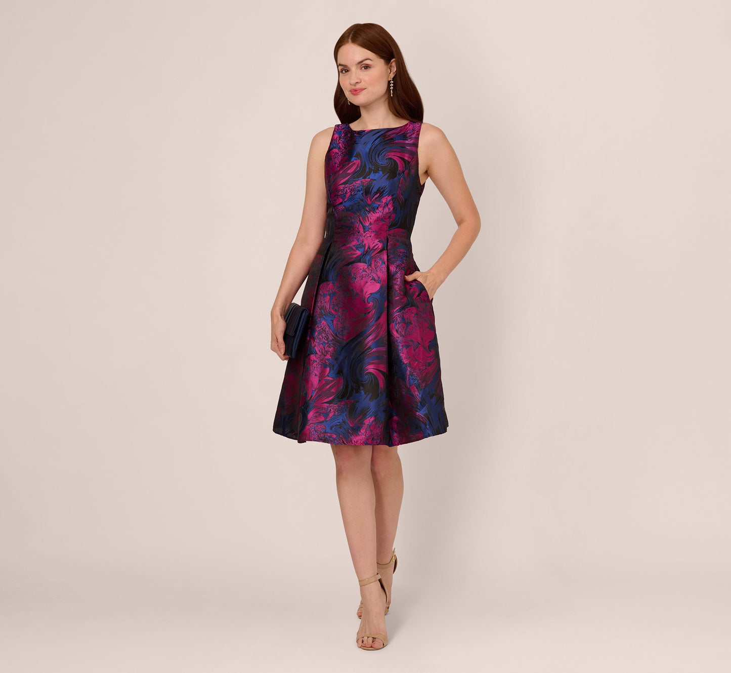 Floral Jacquard Short Dress With Envelope Back In Navy Orchid