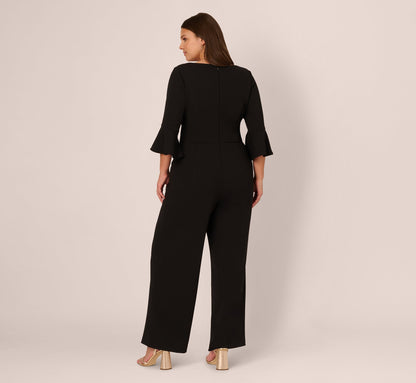 Plus Size Knit Crepe Wide Leg Jumpsuit With Bell Sleeves In Black