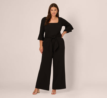 Plus Size Knit Crepe Wide Leg Jumpsuit With Bell Sleeves In Black