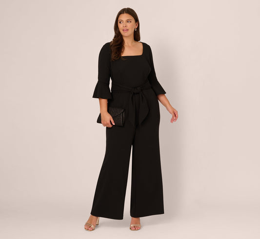 Plus Size Knit Crepe Wide Leg Jumpsuit With Bell Sleeves In Black