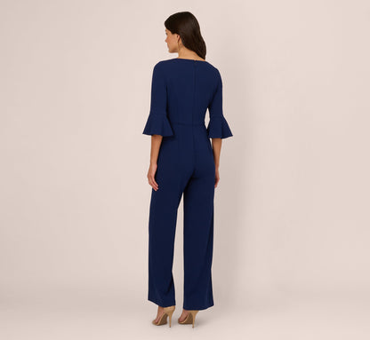 Knit Crepe Wide Leg Jumpsuit With Bell Sleeves In Navy Sateen