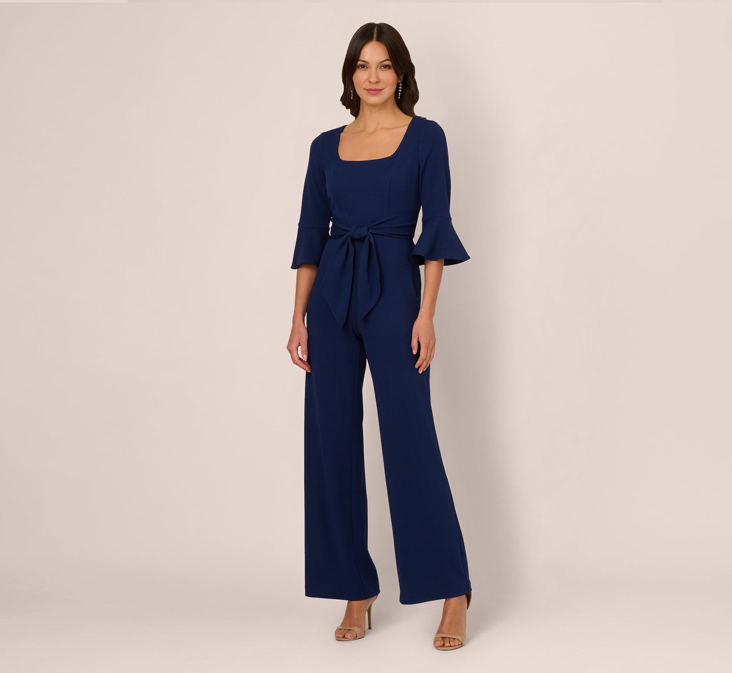 Knit Crepe Wide Leg Jumpsuit With Bell Sleeves In Navy Sateen