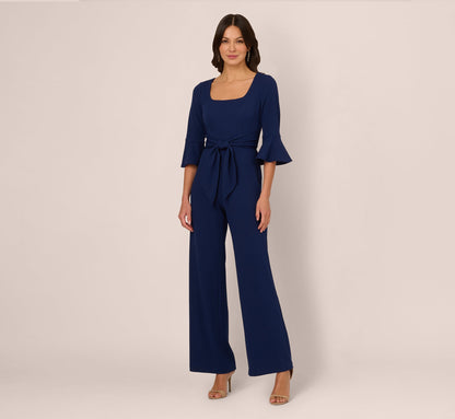 Knit Crepe Wide Leg Jumpsuit With Bell Sleeves In Navy Sateen