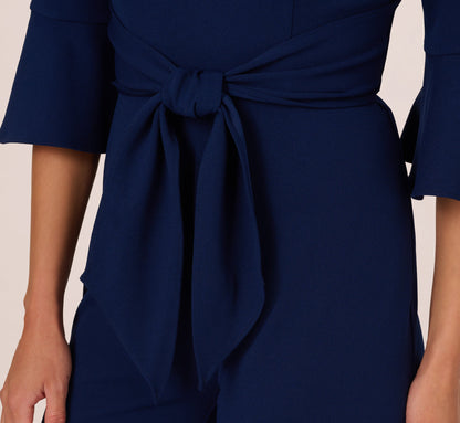 Knit Crepe Wide Leg Jumpsuit With Bell Sleeves In Navy Sateen