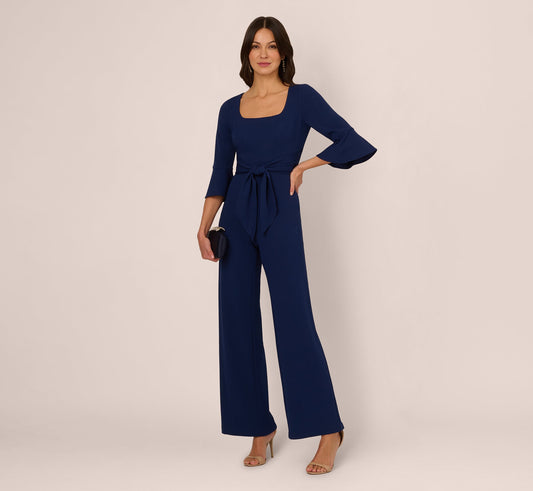 Knit Crepe Wide Leg Jumpsuit With Bell Sleeves In Navy Sateen