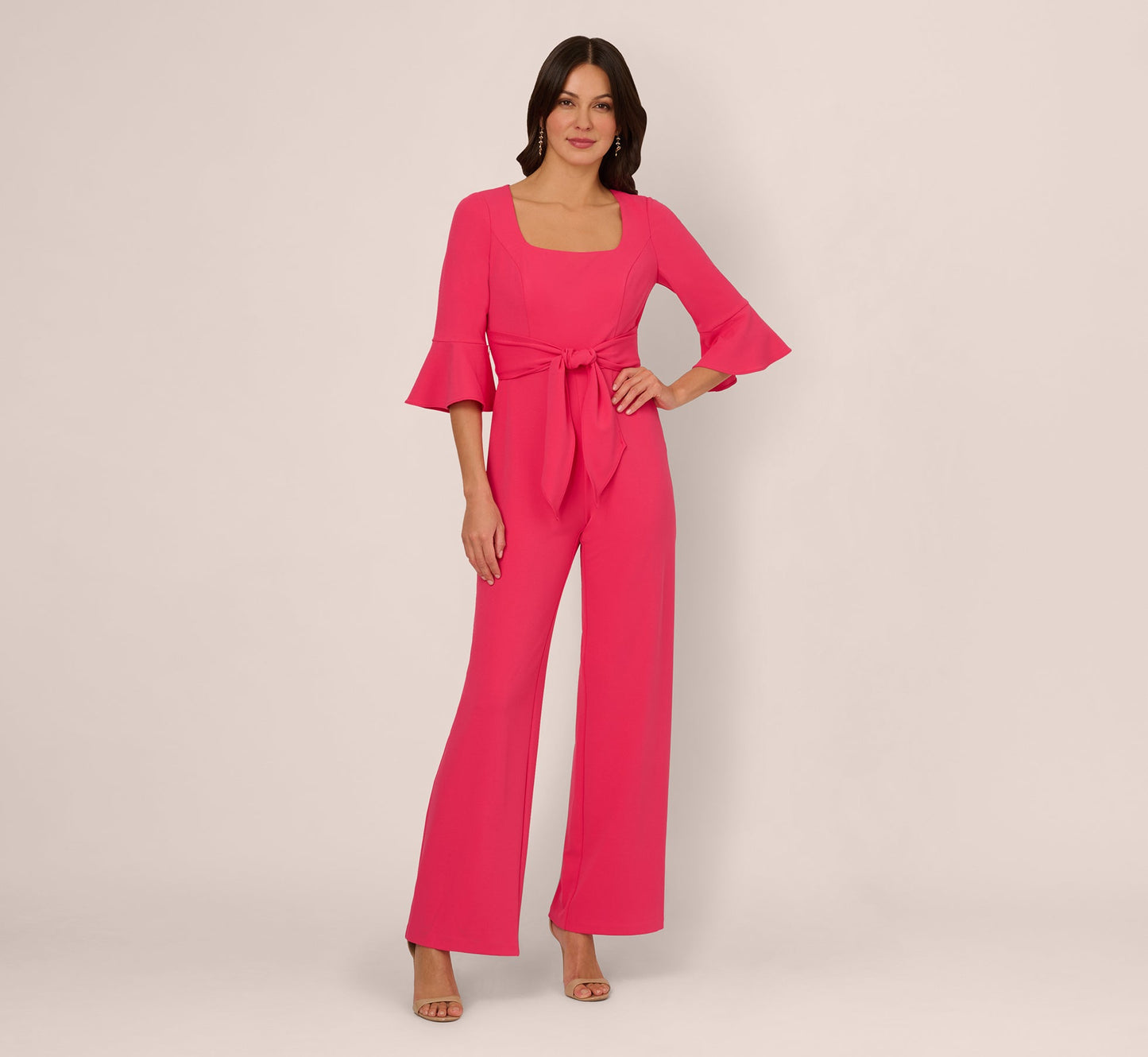 Knit Crepe Wide Leg Jumpsuit With Bell Sleeves In Camellia