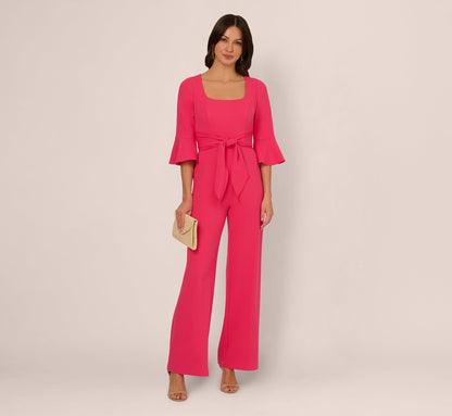 Knit Crepe Wide Leg Jumpsuit With Bell Sleeves In Camellia