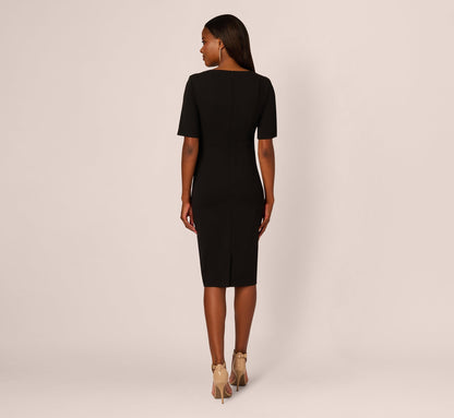 Three Quarter Sleeve Trapeze Dress With Ruffle Mock Neck In Black