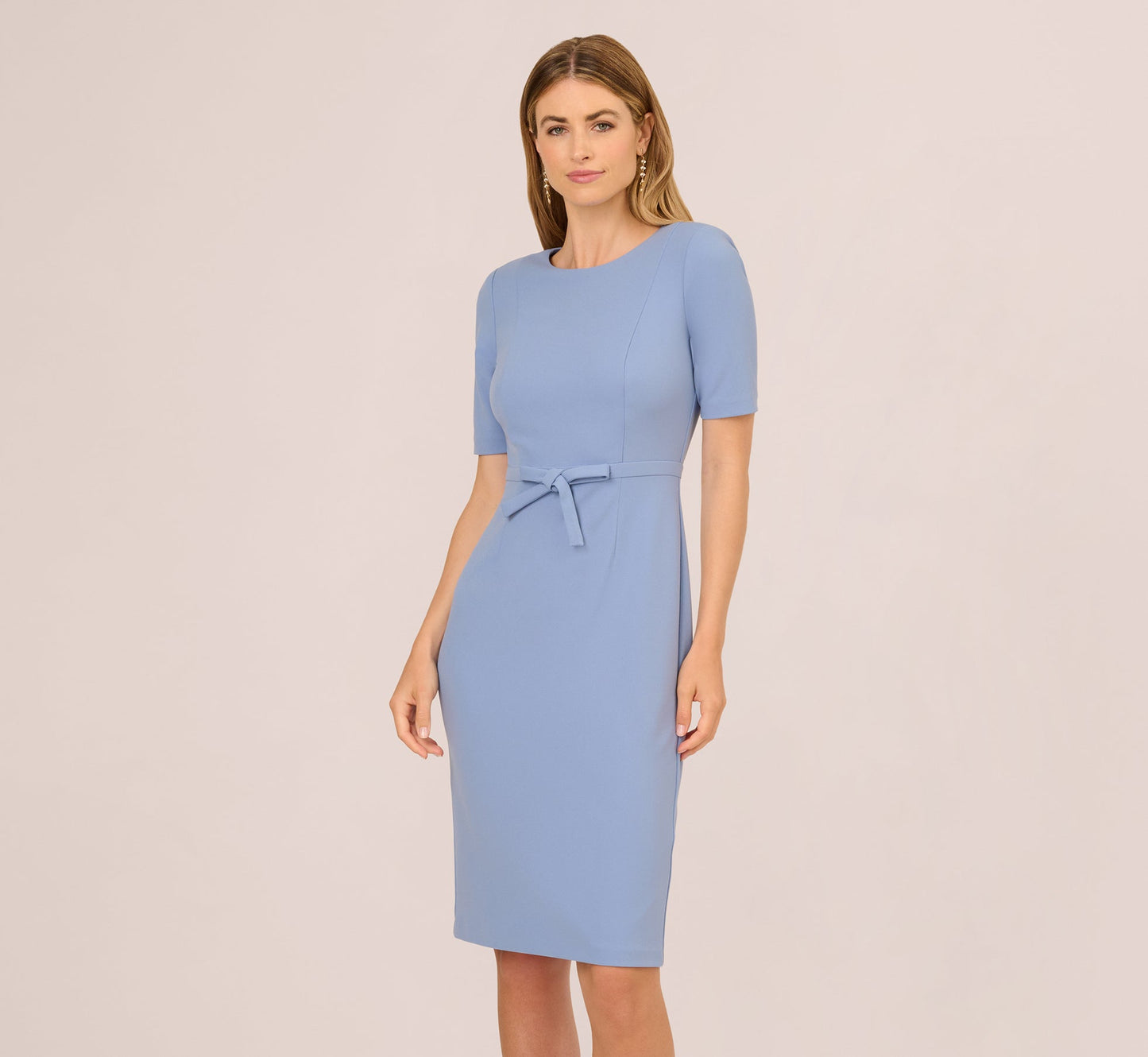 Short Sleeve Bow Waist Sheath Dress In French Blue