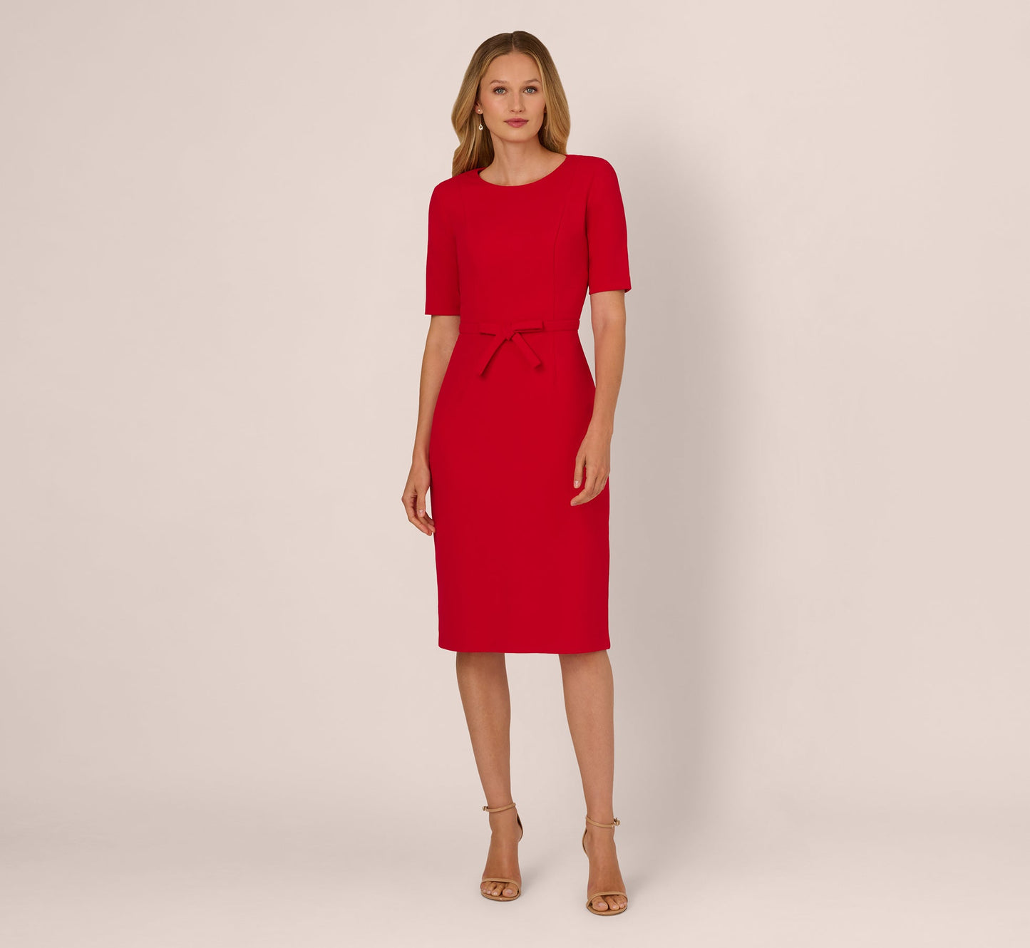 Short Sleeve Bow Waist Sheath Dress In Red