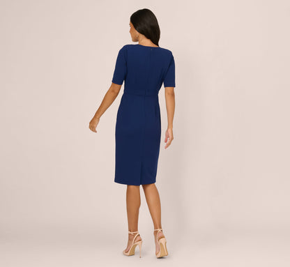 Short Sleeve Bow Waist Sheath Dress In Navy Sateen