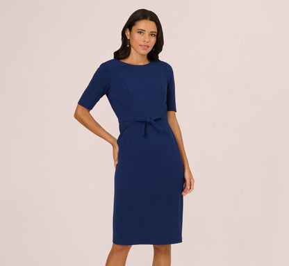 Short Sleeve Bow Waist Sheath Dress In Navy Sateen