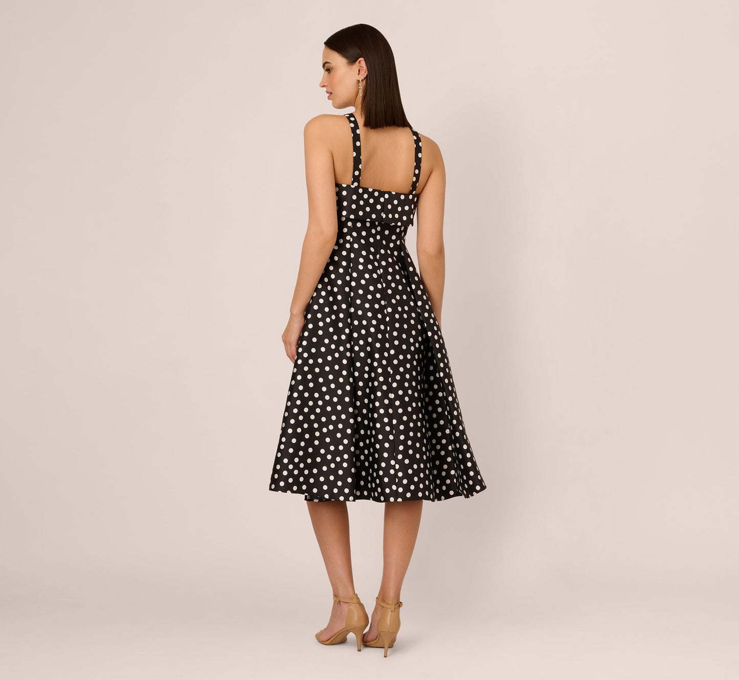 Polka Dot Halter Fit And Flare Midi Dress In Black Ivory