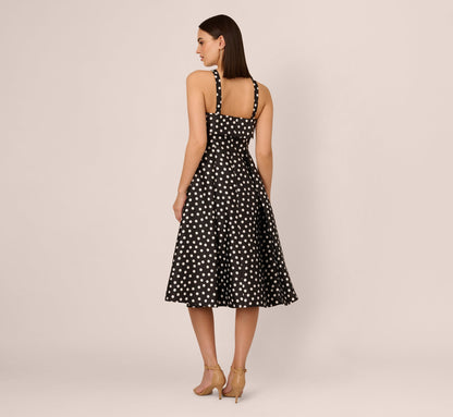 Polka Dot Halter Fit And Flare Midi Dress In Black Ivory
