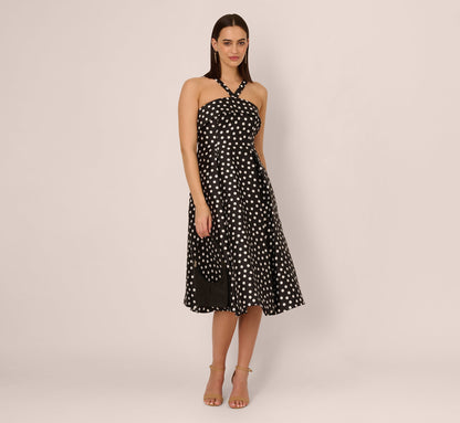 Polka Dot Halter Fit And Flare Midi Dress In Black Ivory