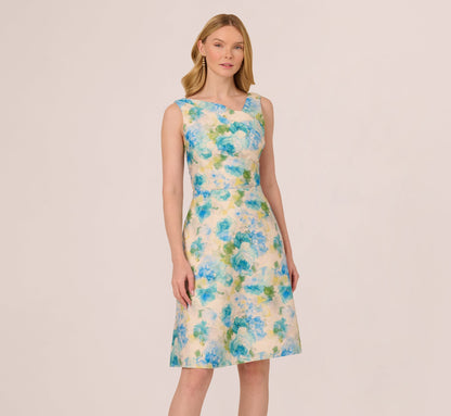 Sleeveless Asymmetrical Floral Jacquard Midi Dress In Ivory Blue Multi