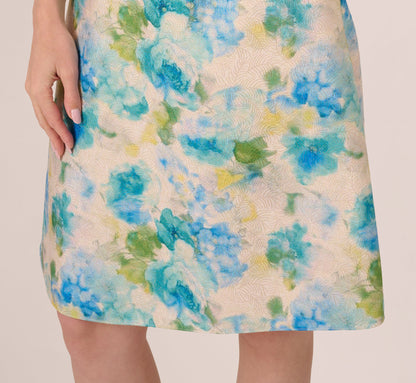 Sleeveless Asymmetrical Floral Jacquard Midi Dress In Ivory Blue Multi