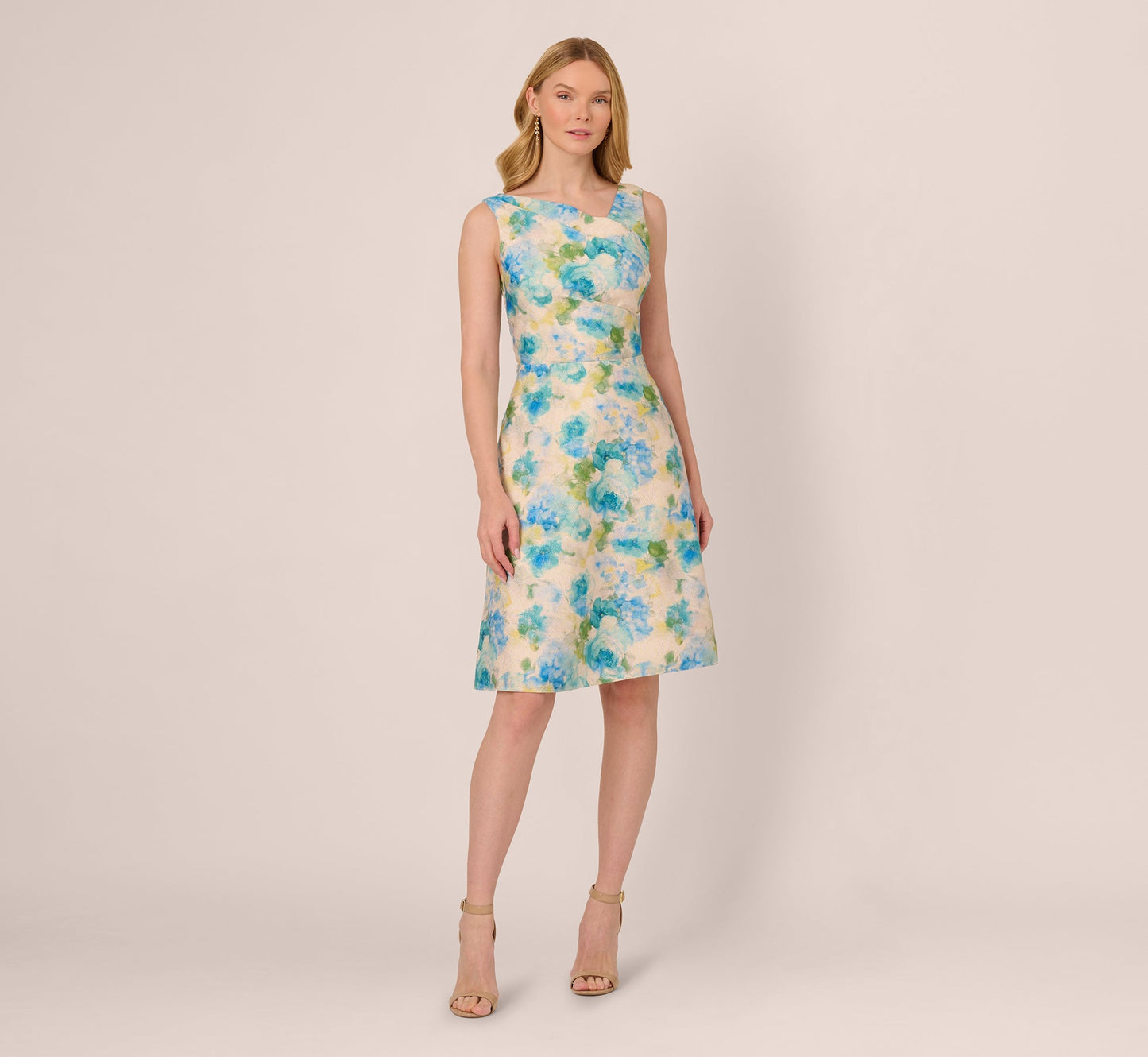Sleeveless Asymmetrical Floral Jacquard Midi Dress In Ivory Blue Multi