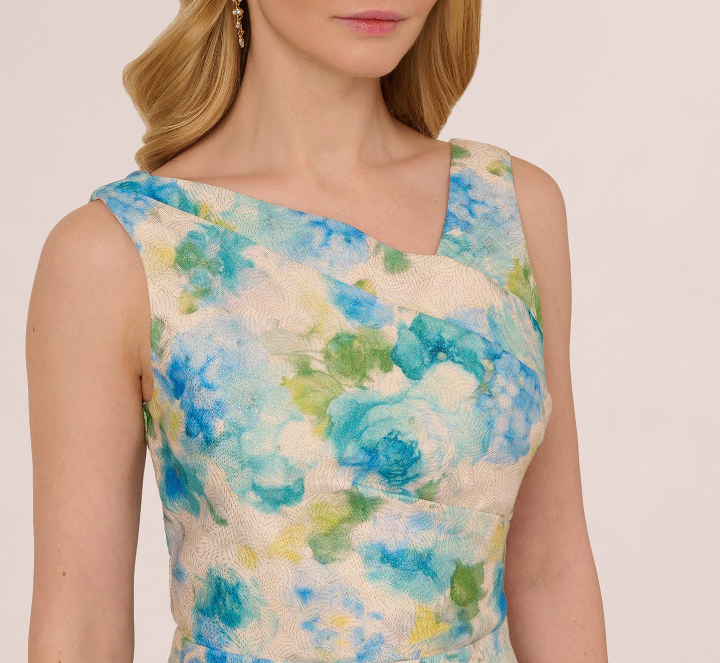 Sleeveless Asymmetrical Floral Jacquard Midi Dress In Ivory Blue Multi