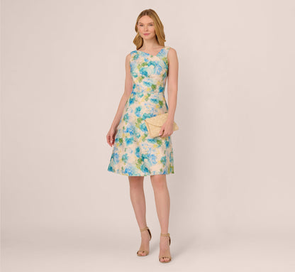 Sleeveless Asymmetrical Floral Jacquard Midi Dress In Ivory Blue Multi