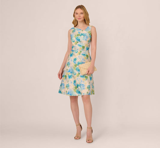 Sleeveless Asymmetrical Floral Jacquard Midi Dress In Ivory Blue Multi