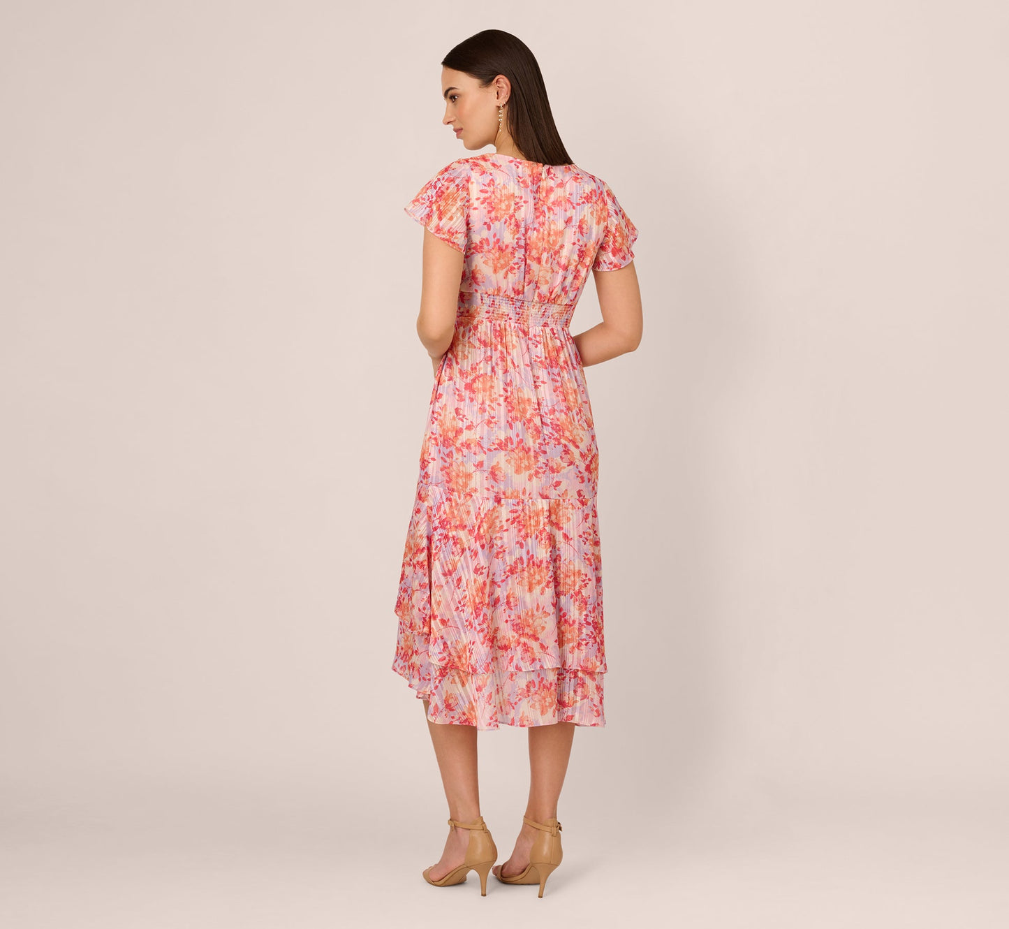 Flutter Sleeve Floral Stripe Flounce Midi Dress In Peri Coral Multi