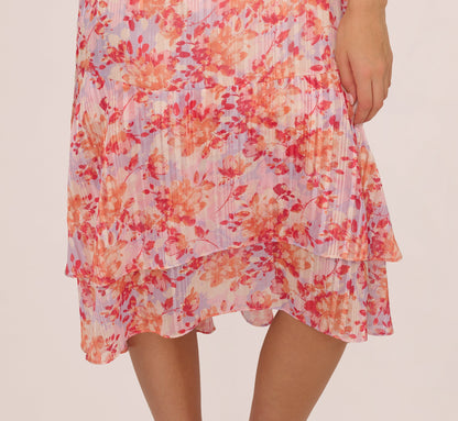 Flutter Sleeve Floral Stripe Flounce Midi Dress In Peri Coral Multi