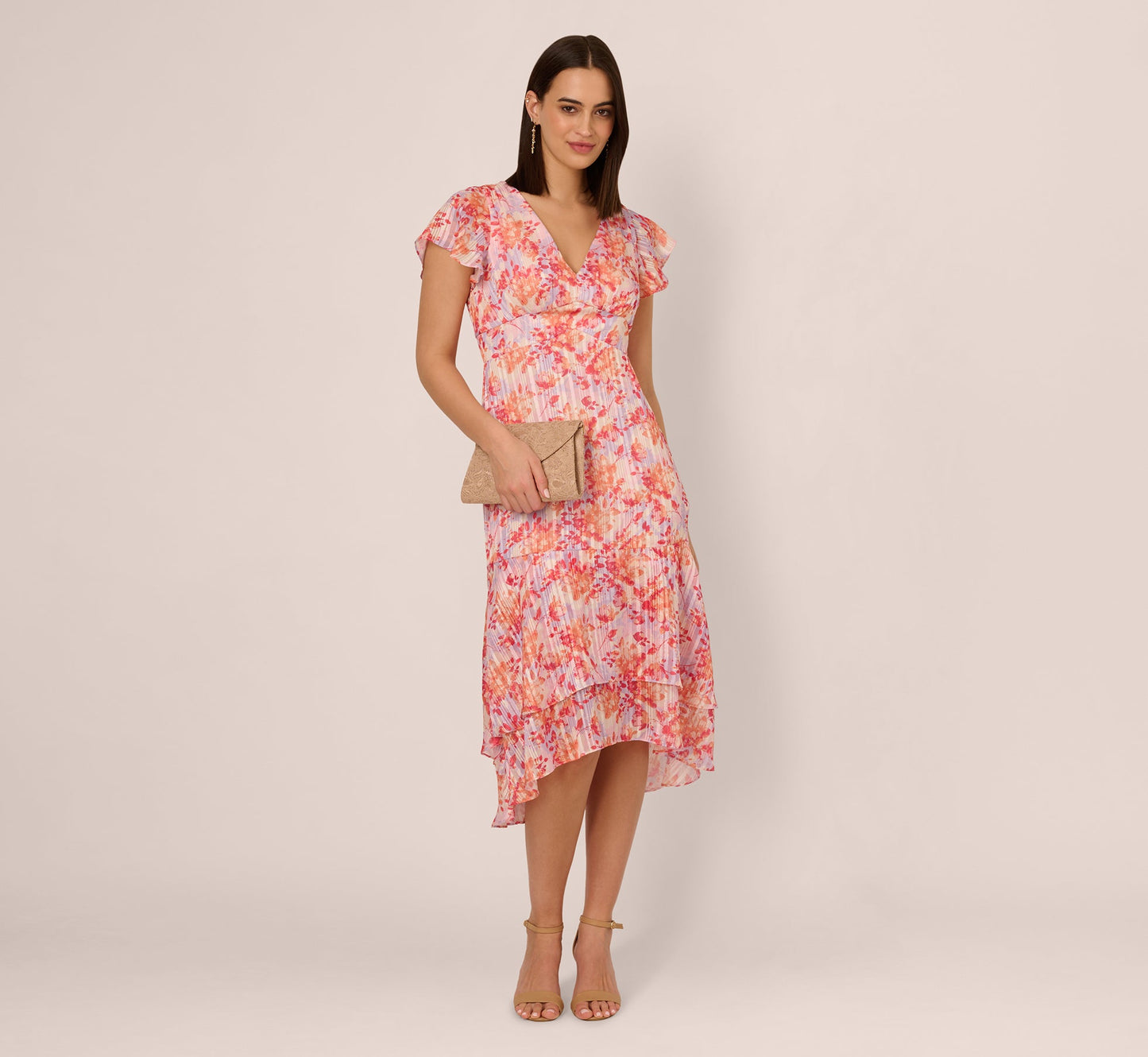 Flutter Sleeve Floral Stripe Flounce Midi Dress In Peri Coral Multi