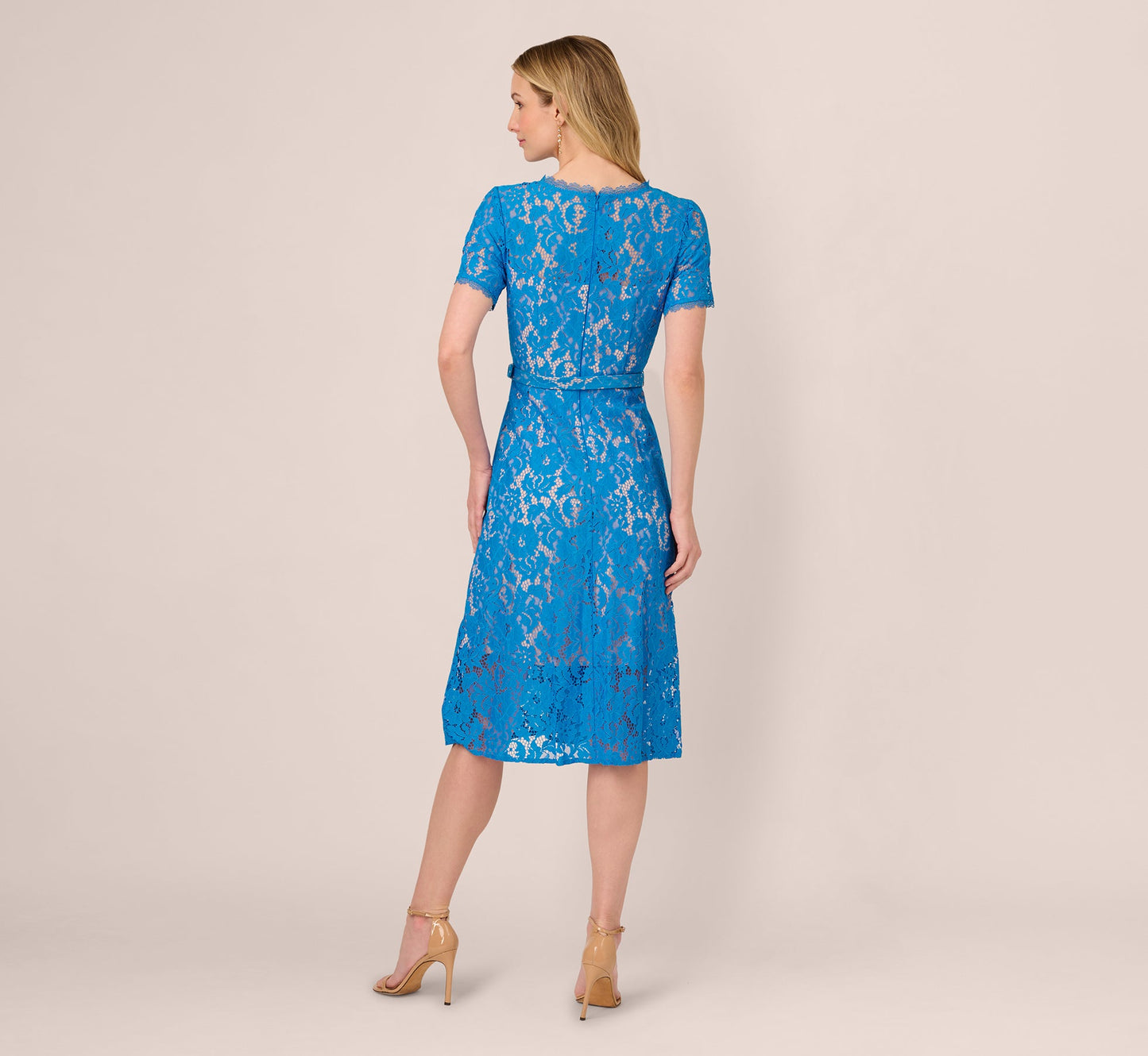 Short Sleeve Belted Lace Midi Dress In Blue Wave In Blue Wave